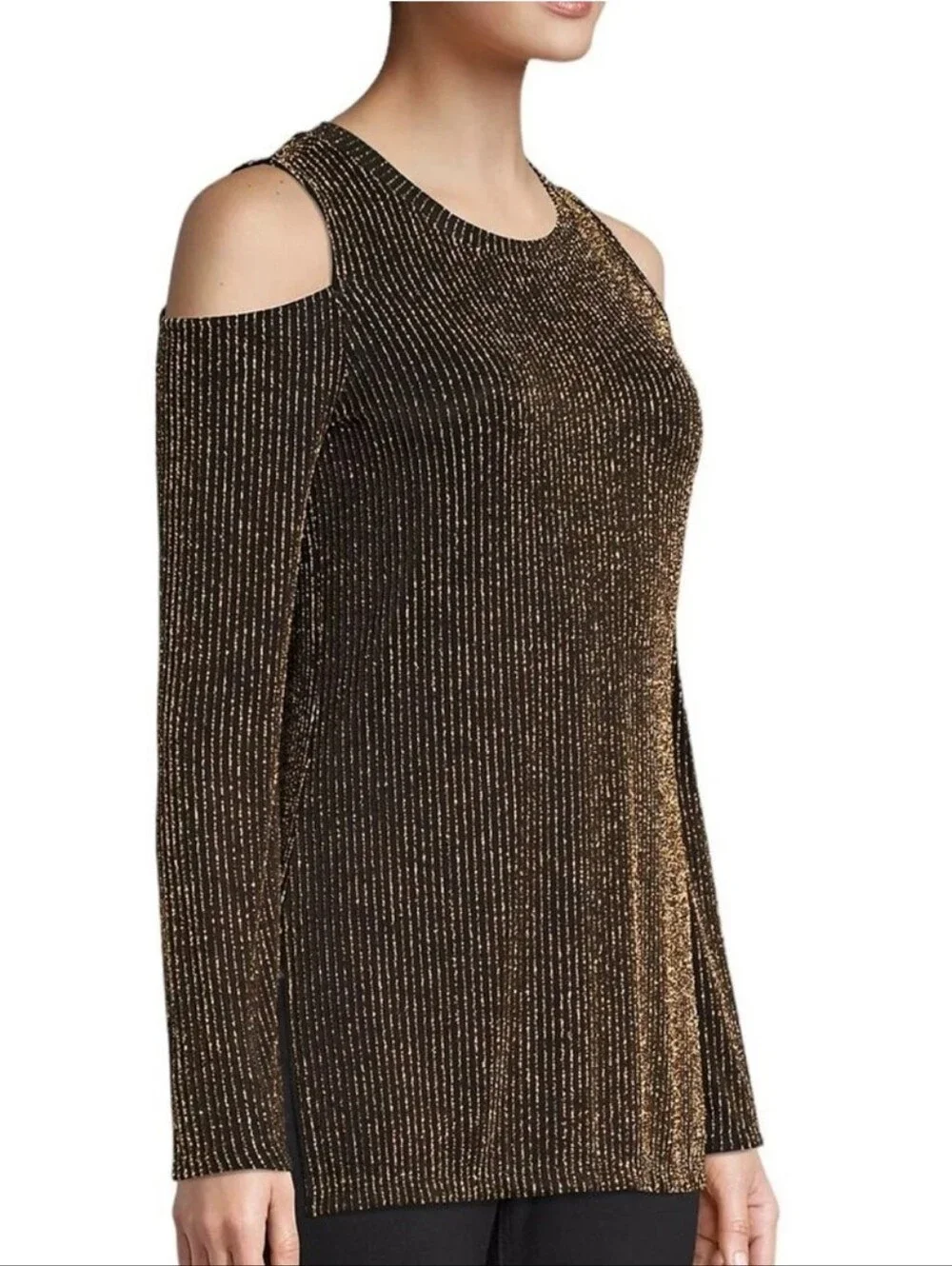 Michael Kors Gold Black Sparkle Metallic Cold Shoulder Top Women's‎ Size 1X